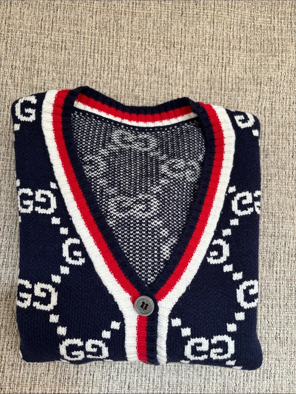 Kids Navy & White GG Logo Knit Cardigan w Red Trim no size tag look pics cute - Picture 10 of 10